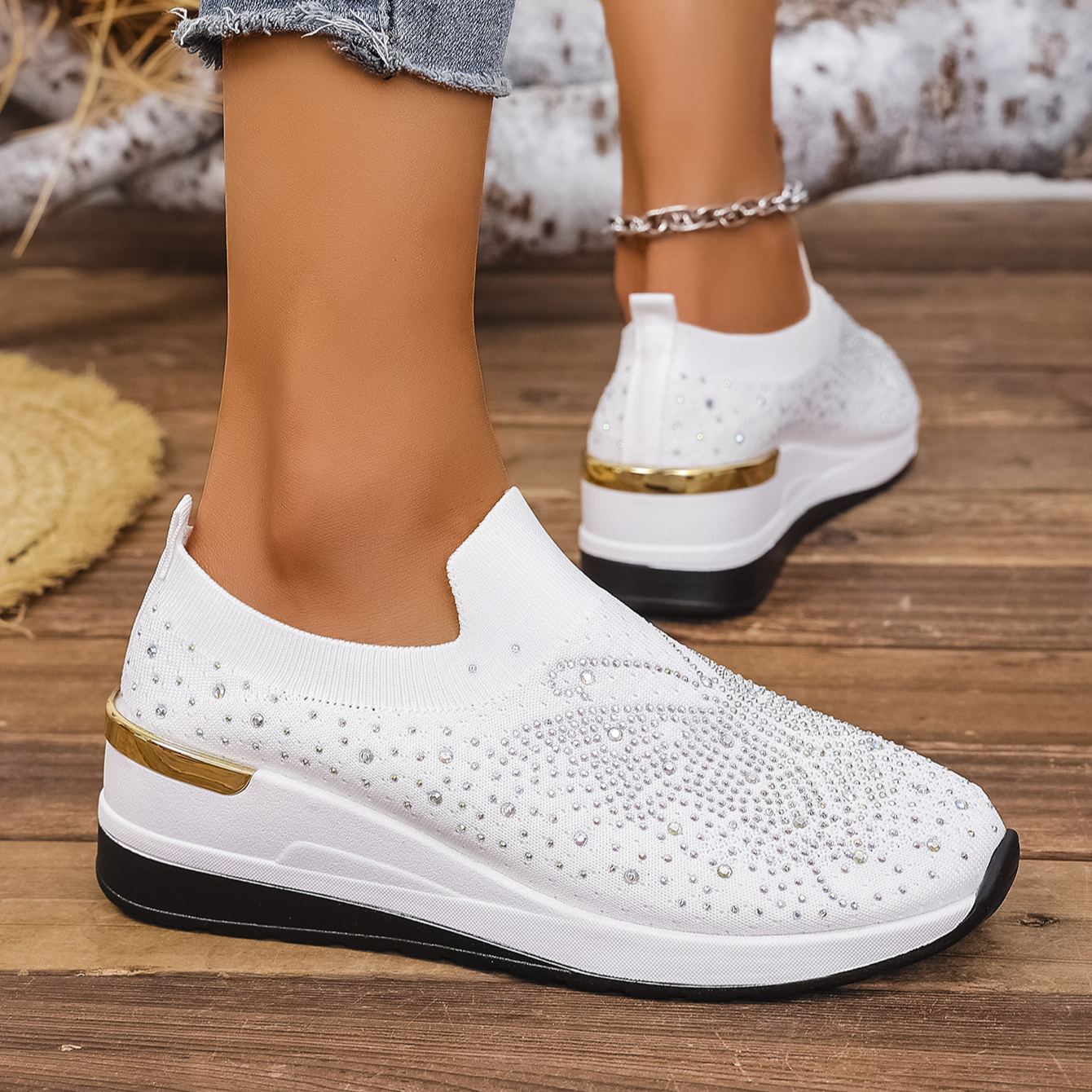 Wedge Heel Round Toe Rhinestone Slip-on Shoes