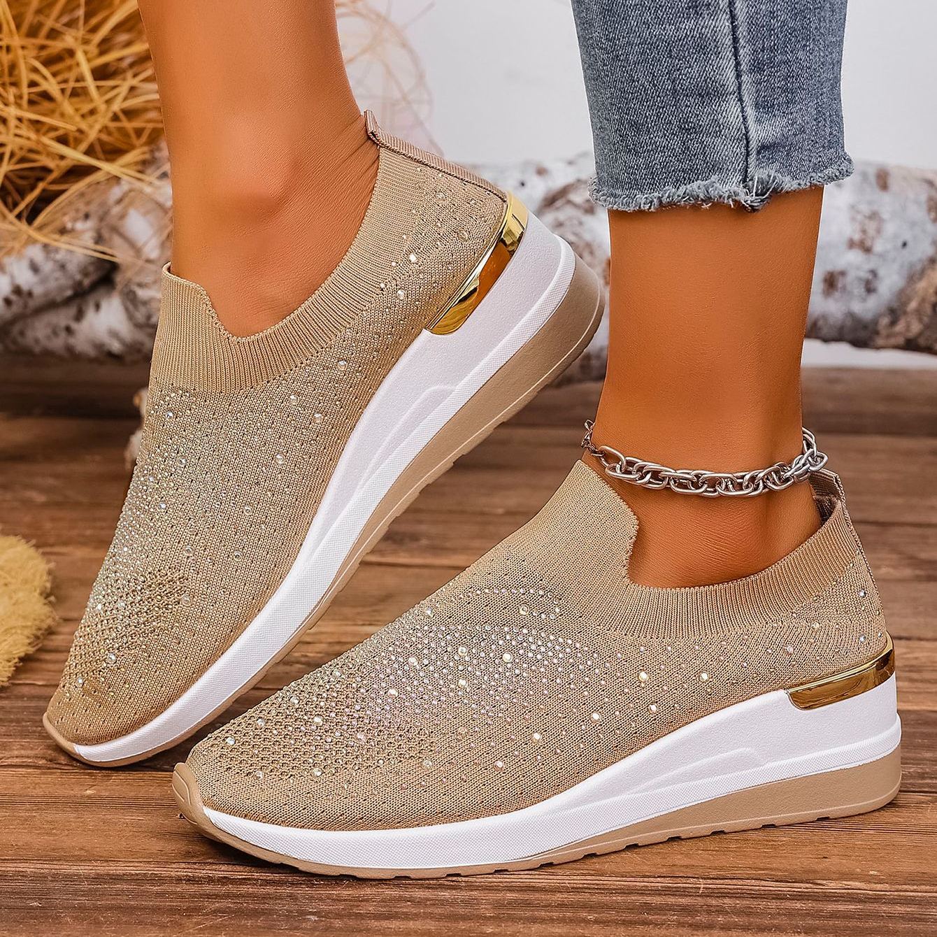 Wedge Heel Round Toe Rhinestone Slip-on Shoes