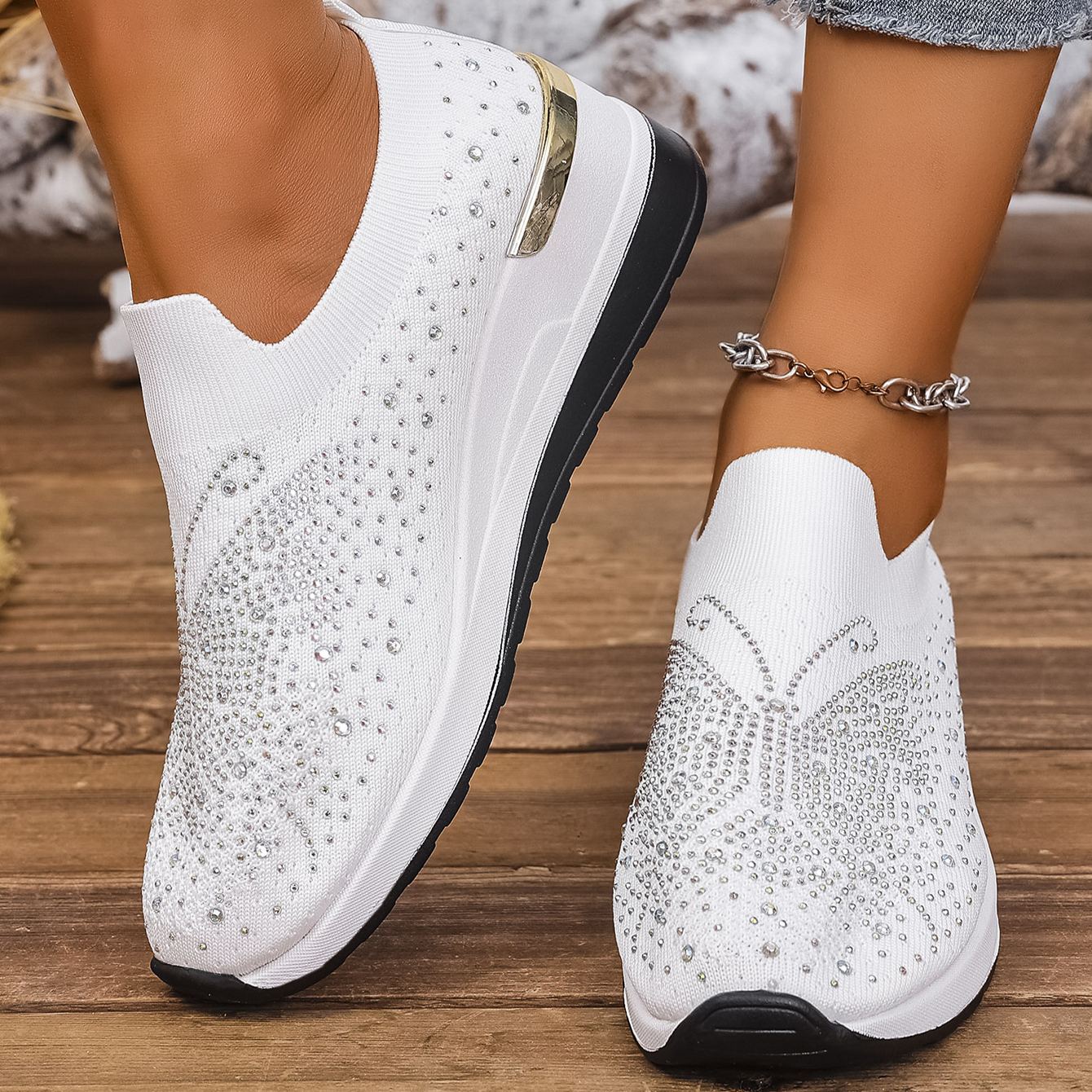 Wedge Heel Round Toe Rhinestone Slip-on Shoes