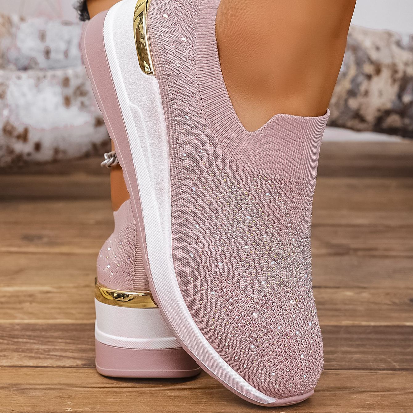 Wedge Heel Round Toe Rhinestone Slip-on Shoes
