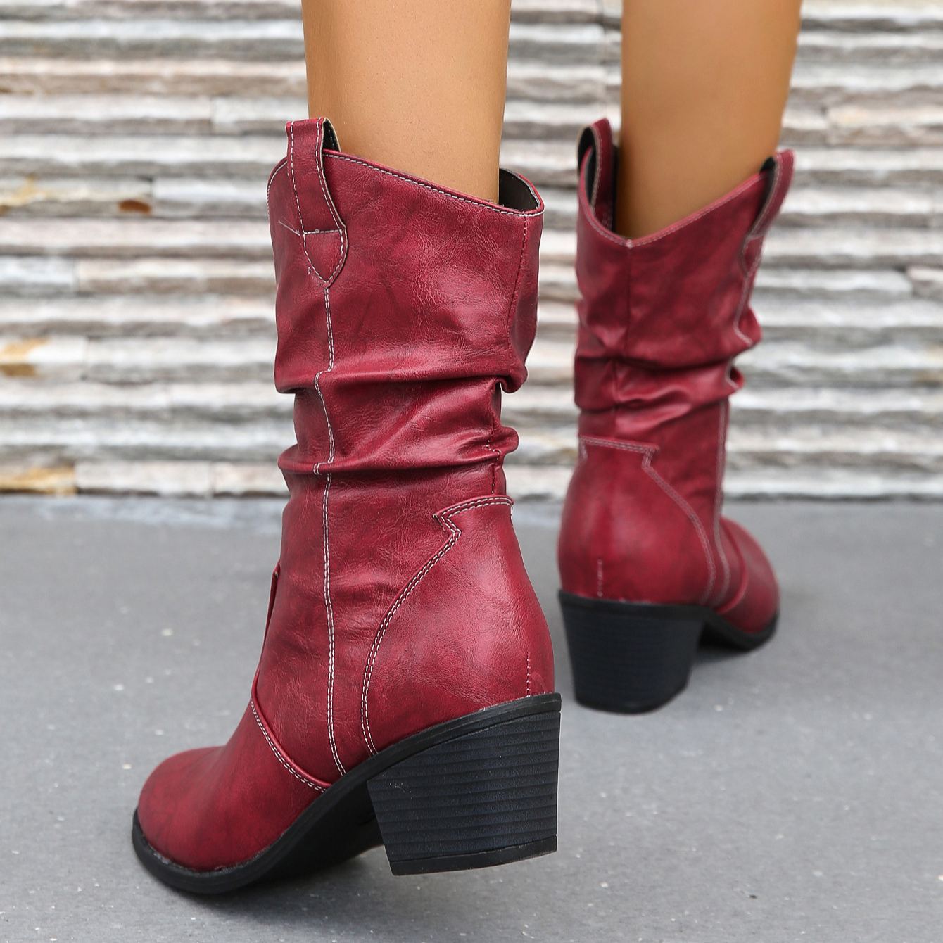 Women's Pleated Design Chunky Heel Boots