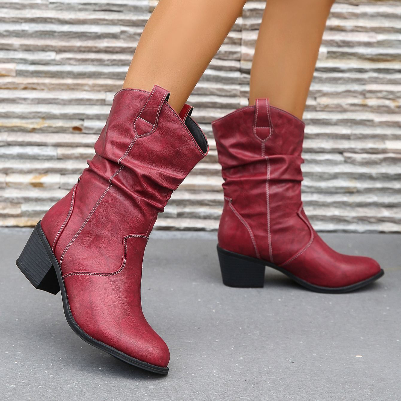 Women's Pleated Design Chunky Heel Boots