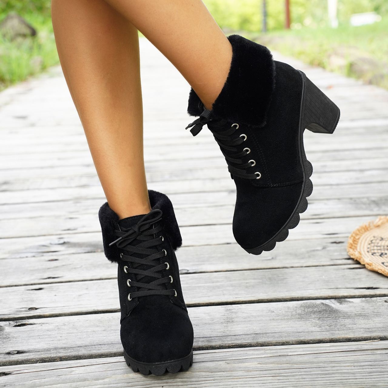Women's Lace-up Plush Cuffed High-heeled Cotton Shoes