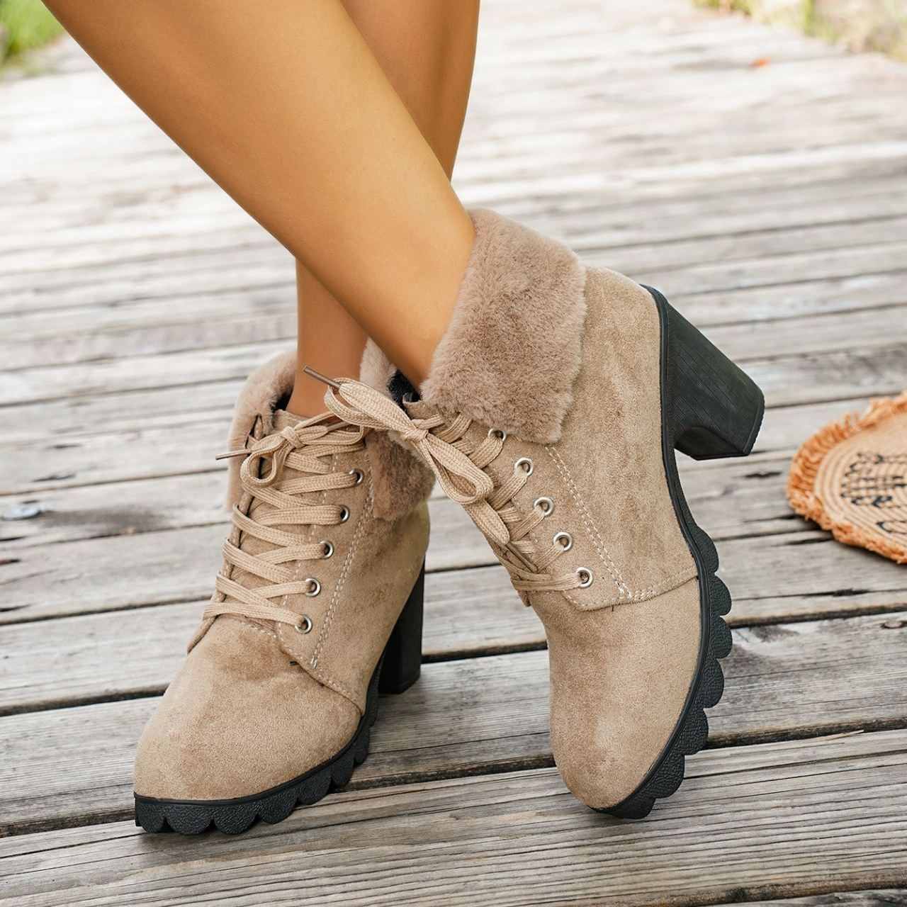 Women's Lace-up Plush Cuffed High-heeled Cotton Shoes