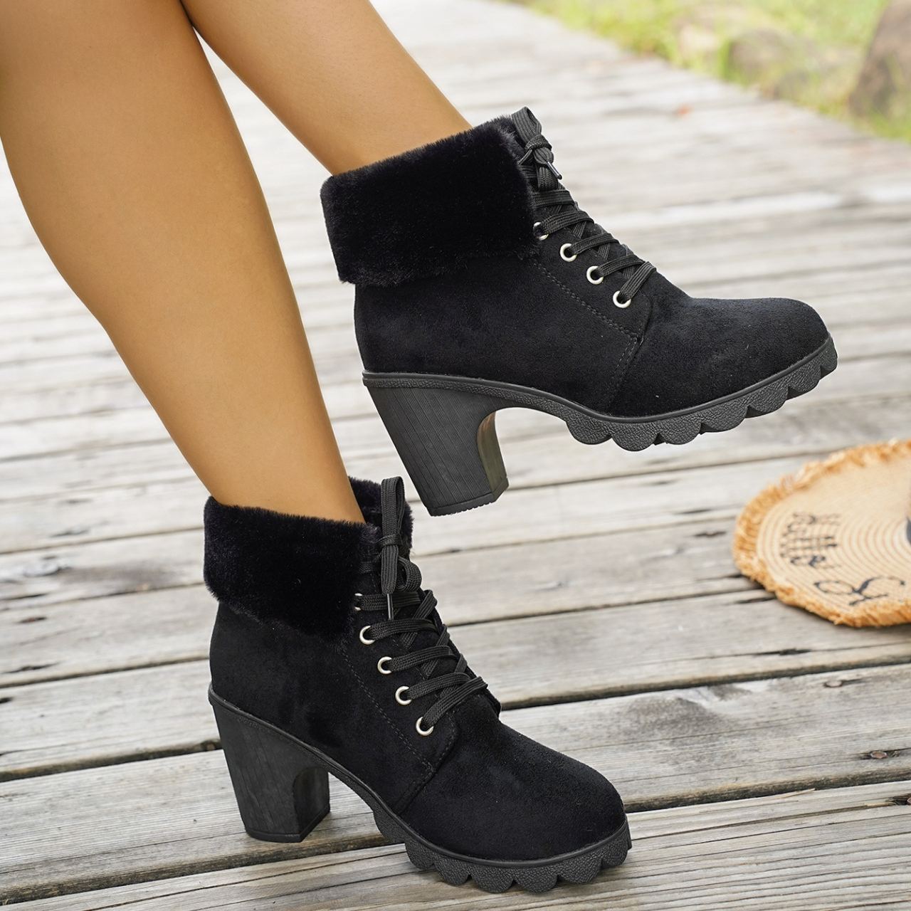 Women's Lace-up Plush Cuffed High-heeled Cotton Shoes