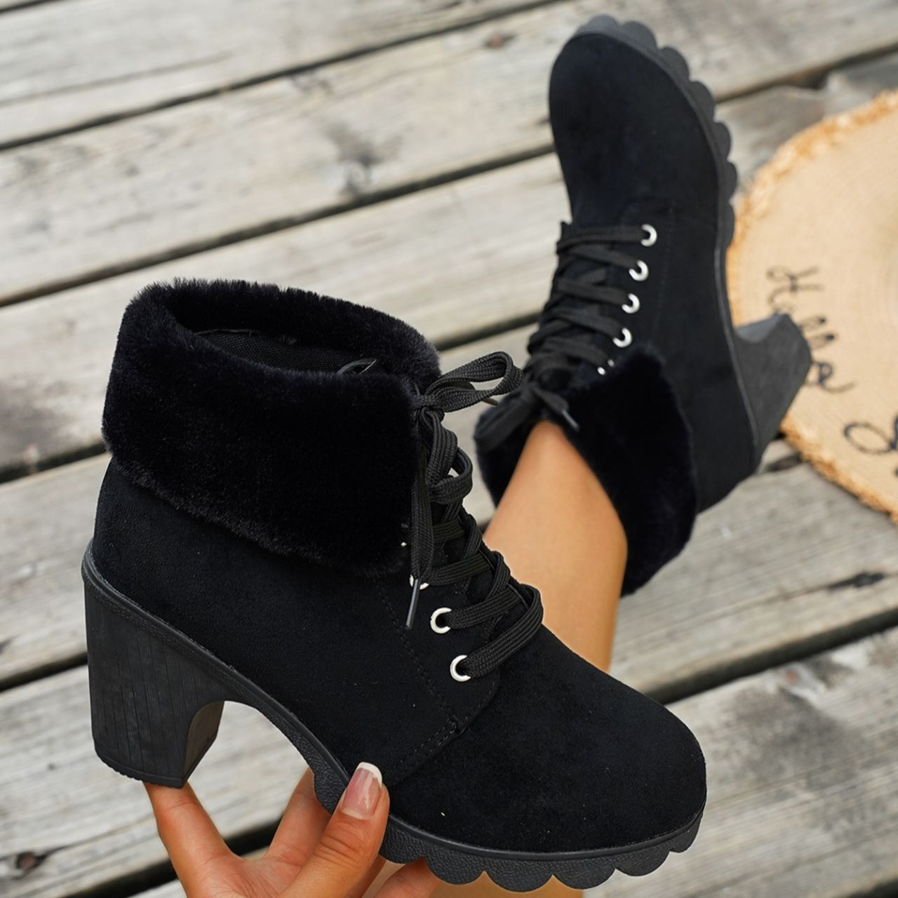 Women's Lace-up Plush Cuffed High-heeled Cotton Shoes