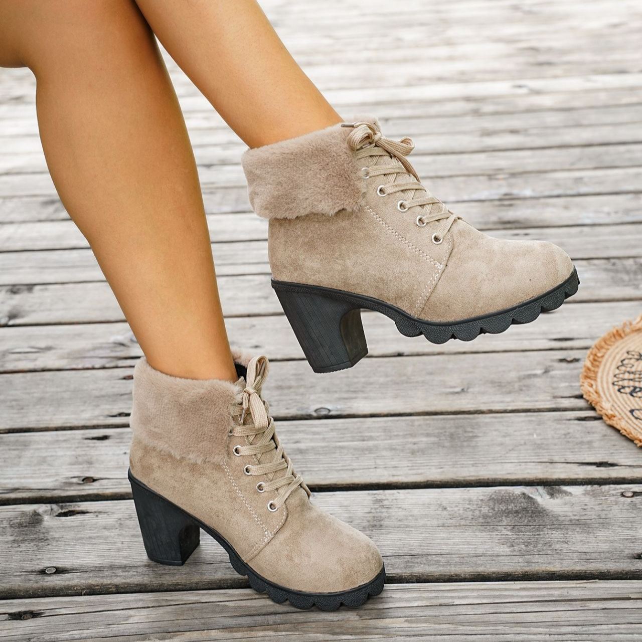 Women's Lace-up Plush Cuffed High-heeled Cotton Shoes