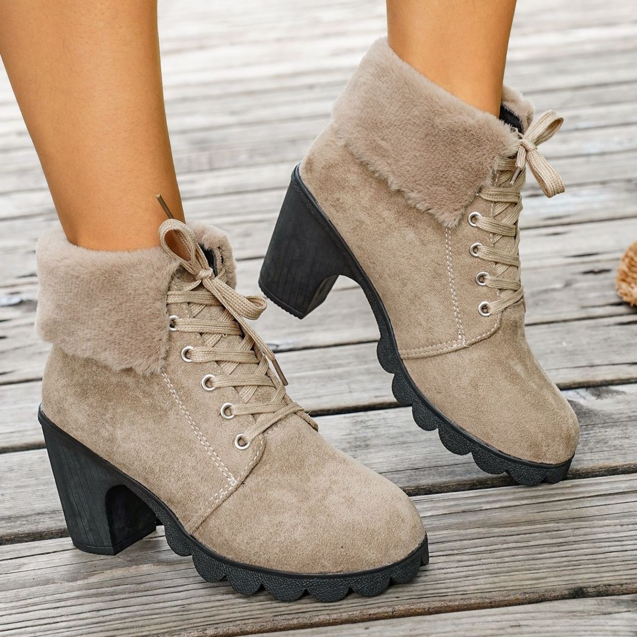 Women's Lace-up Plush Cuffed High-heeled Cotton Shoes