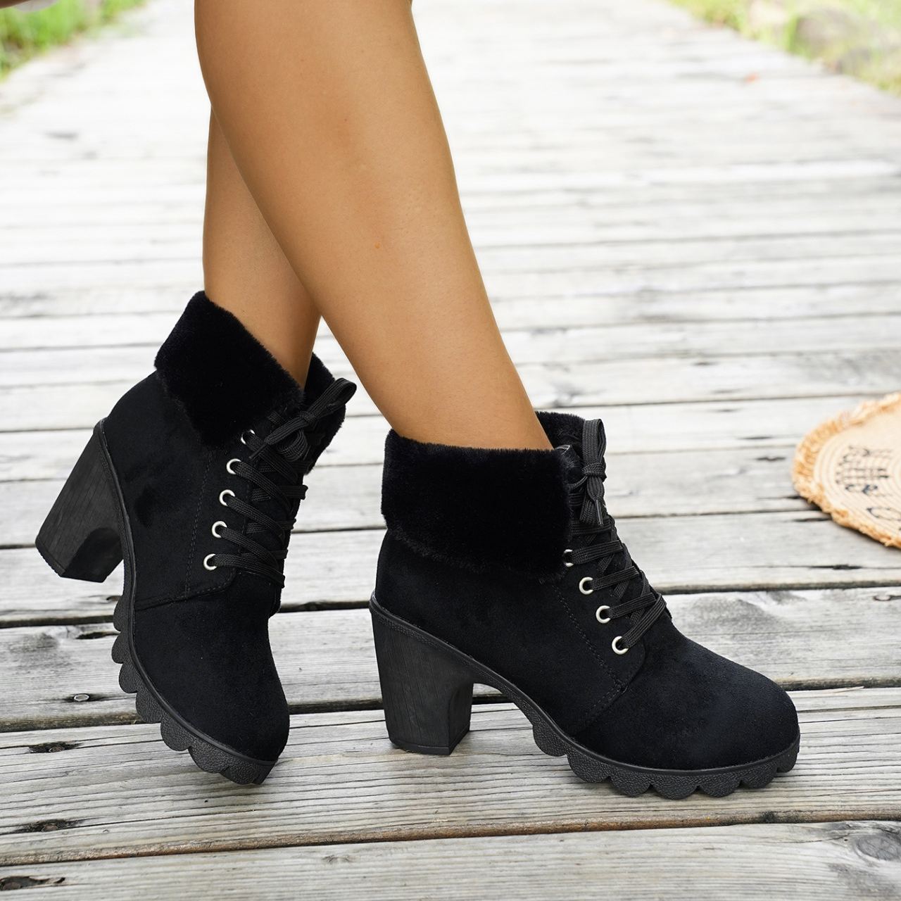 Women's Lace-up Plush Cuffed High-heeled Cotton Shoes