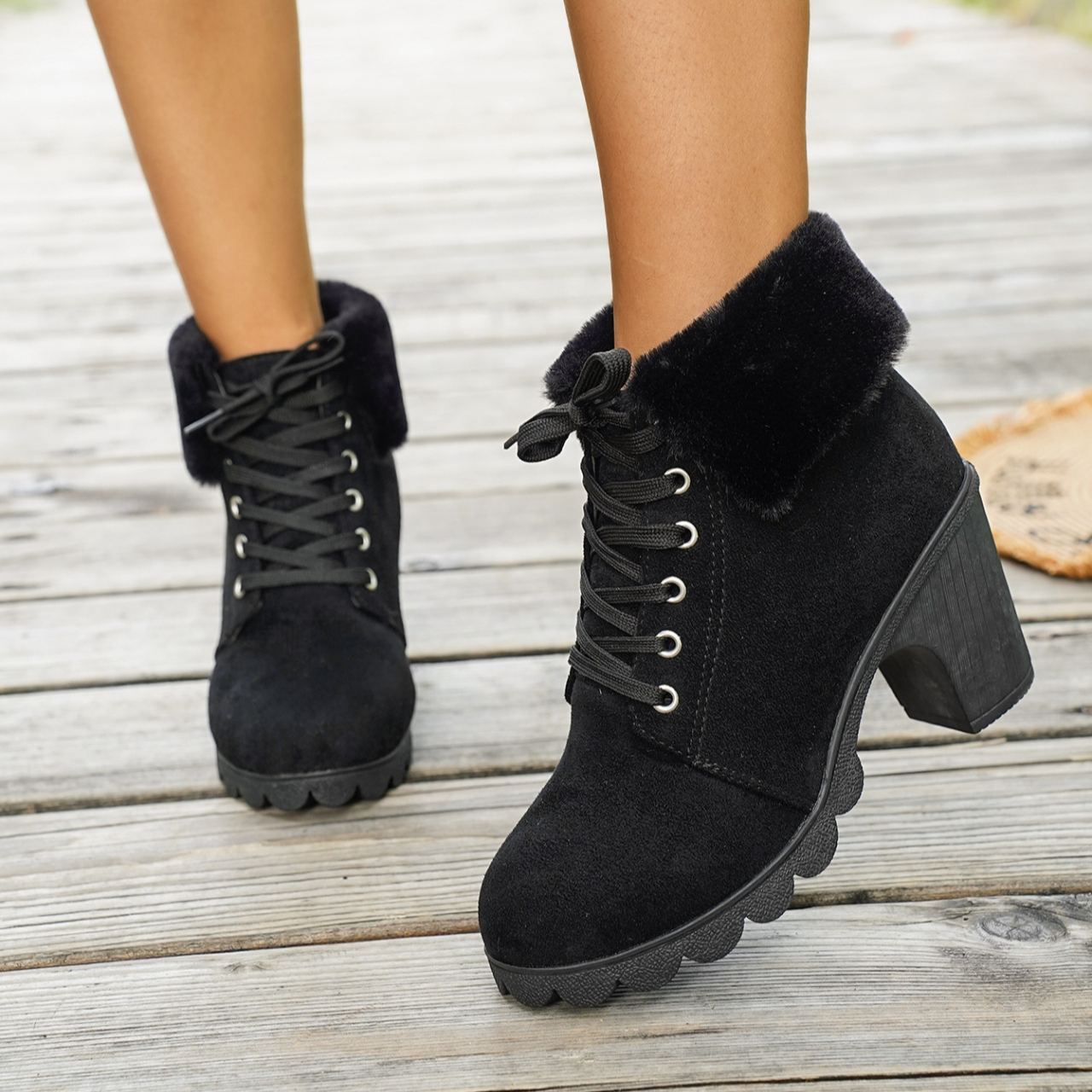Women's Lace-up Plush Cuffed High-heeled Cotton Shoes