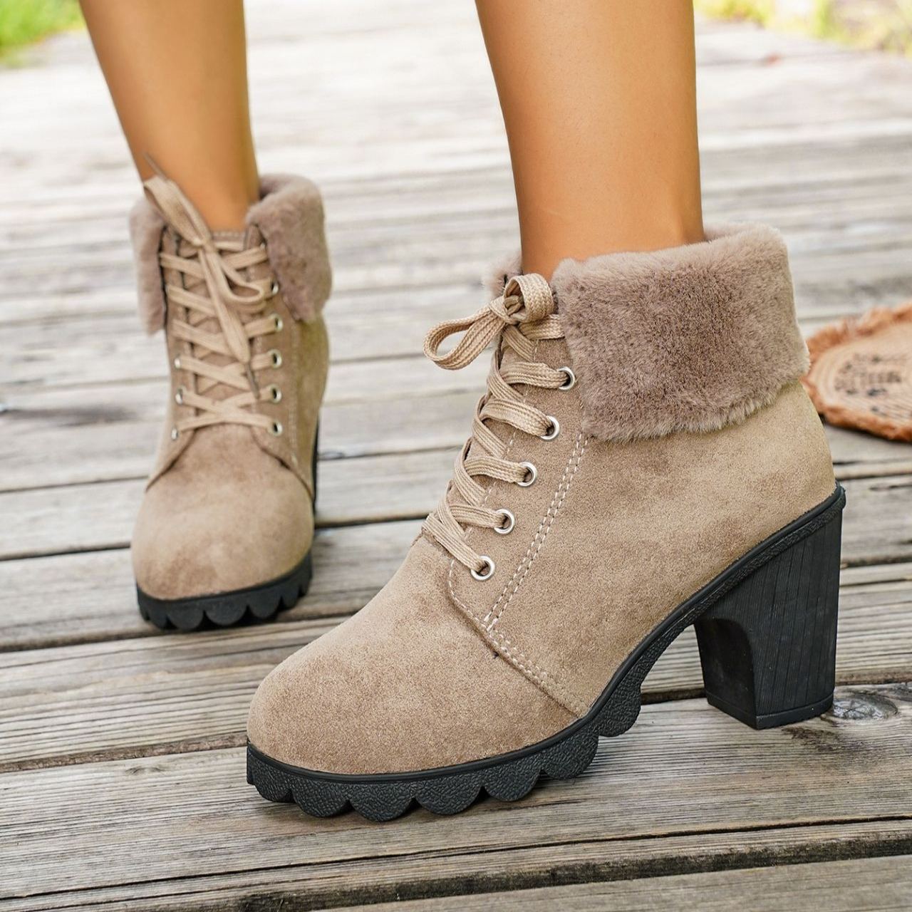 Women's Lace-up Plush Cuffed High-heeled Cotton Shoes