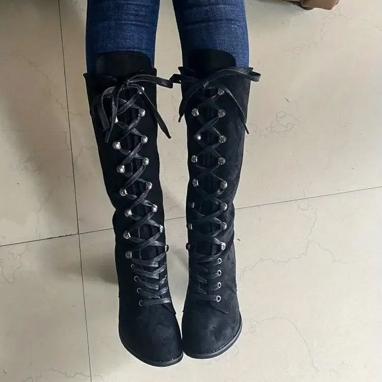 Women's Heeled Chunky Lace Up Knee High Comfy Long Boots