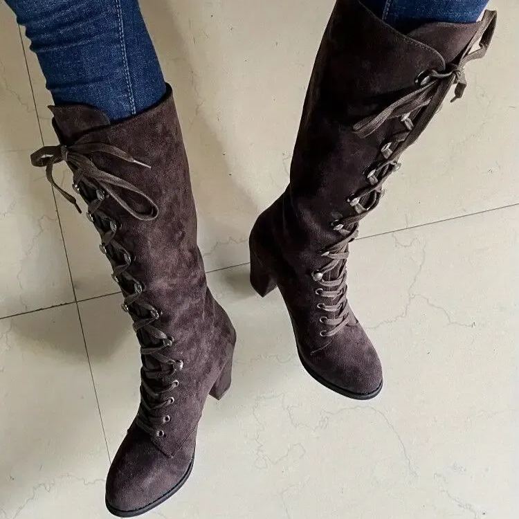 Women's Heeled Chunky Lace Up Knee High Comfy Long Boots
