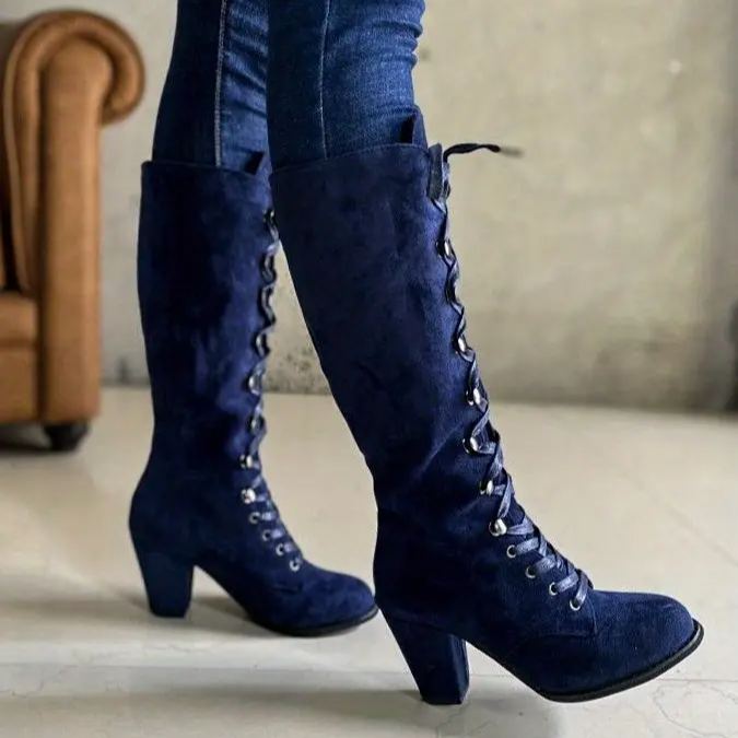 Women's Heeled Chunky Lace Up Knee High Comfy Long Boots