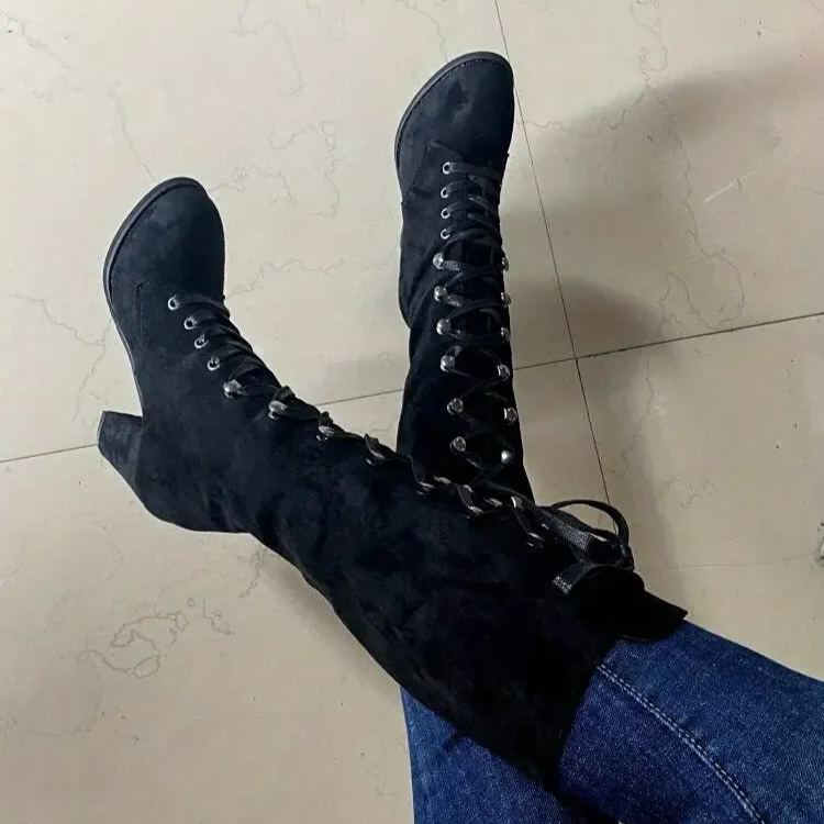 Women's Heeled Chunky Lace Up Knee High Comfy Long Boots