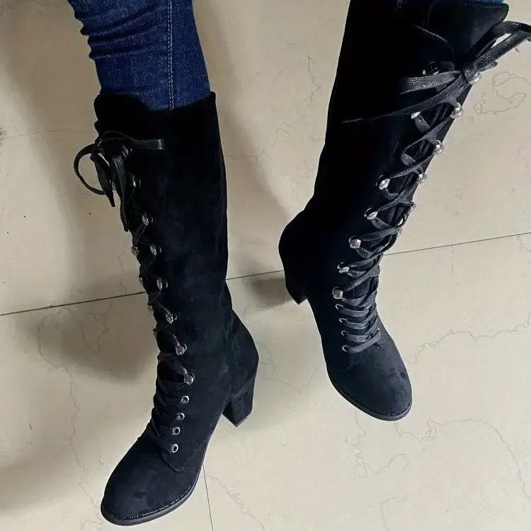 Women's Heeled Chunky Lace Up Knee High Comfy Long Boots