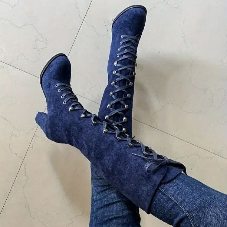Women's Heeled Chunky Lace Up Knee High Comfy Long Boots