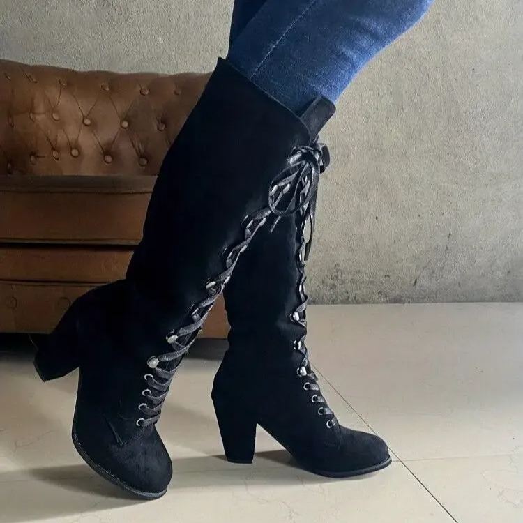 Women's Heeled Chunky Lace Up Knee High Comfy Long Boots