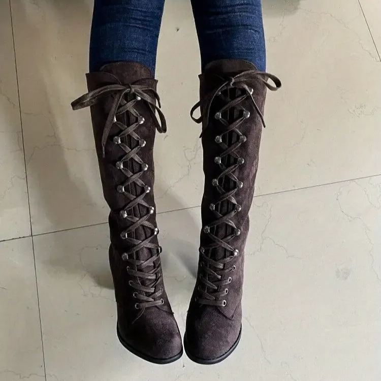 Women's Heeled Chunky Lace Up Knee High Comfy Long Boots