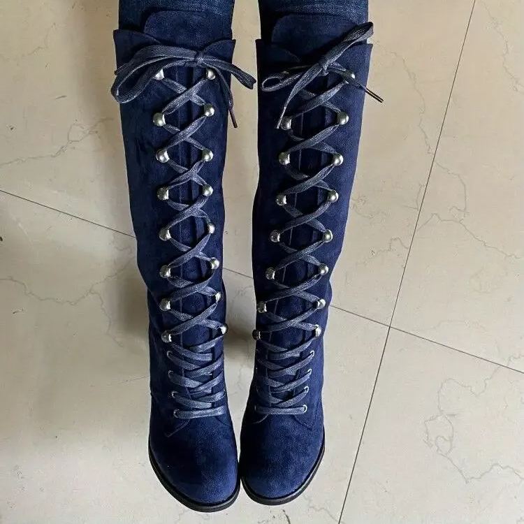Women's Heeled Chunky Lace Up Knee High Comfy Long Boots
