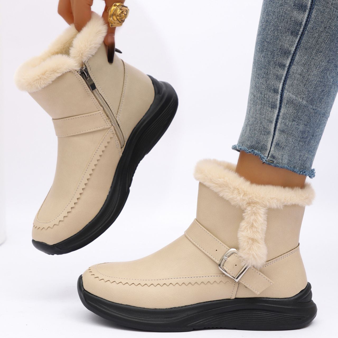 Women's Fleece-lined Side Zipper Warm Cotton Shoes