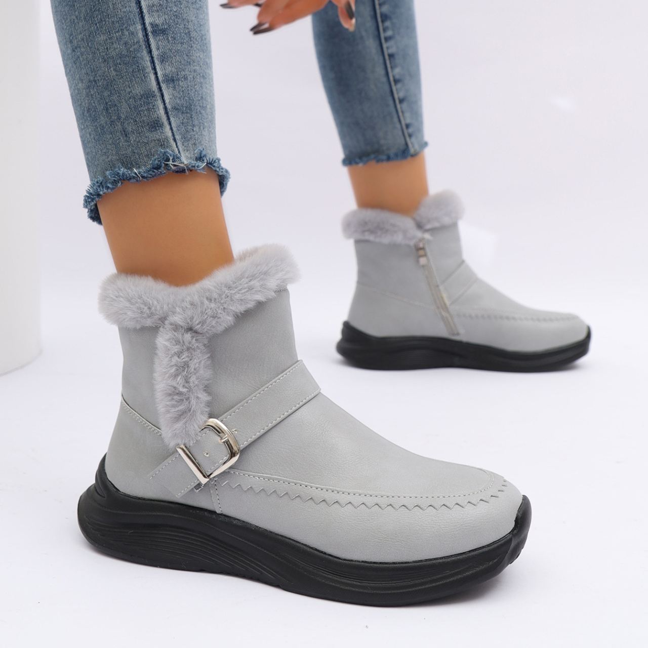 Women's Fleece-lined Side Zipper Warm Cotton Shoes