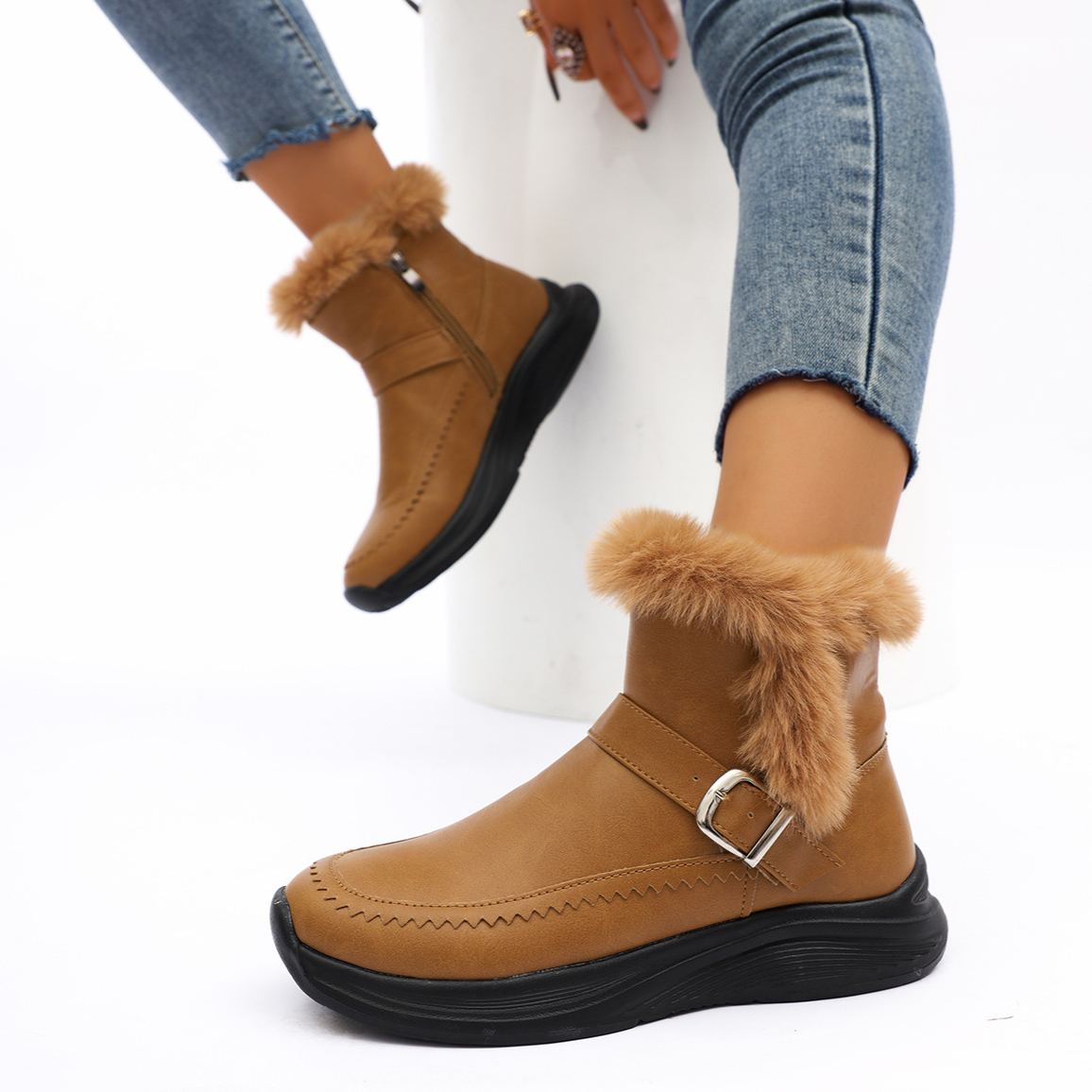 Women's Fleece-lined Side Zipper Warm Cotton Shoes