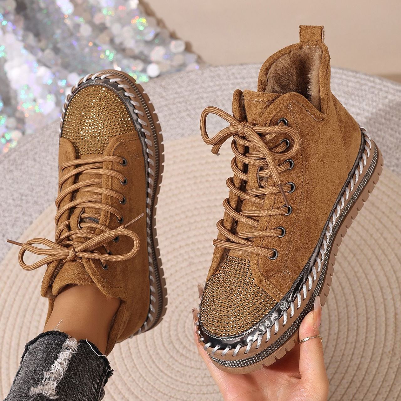 Women's Rhinestone-Decorated Lace-Up Chunky Platform Winter Boots with Fleece