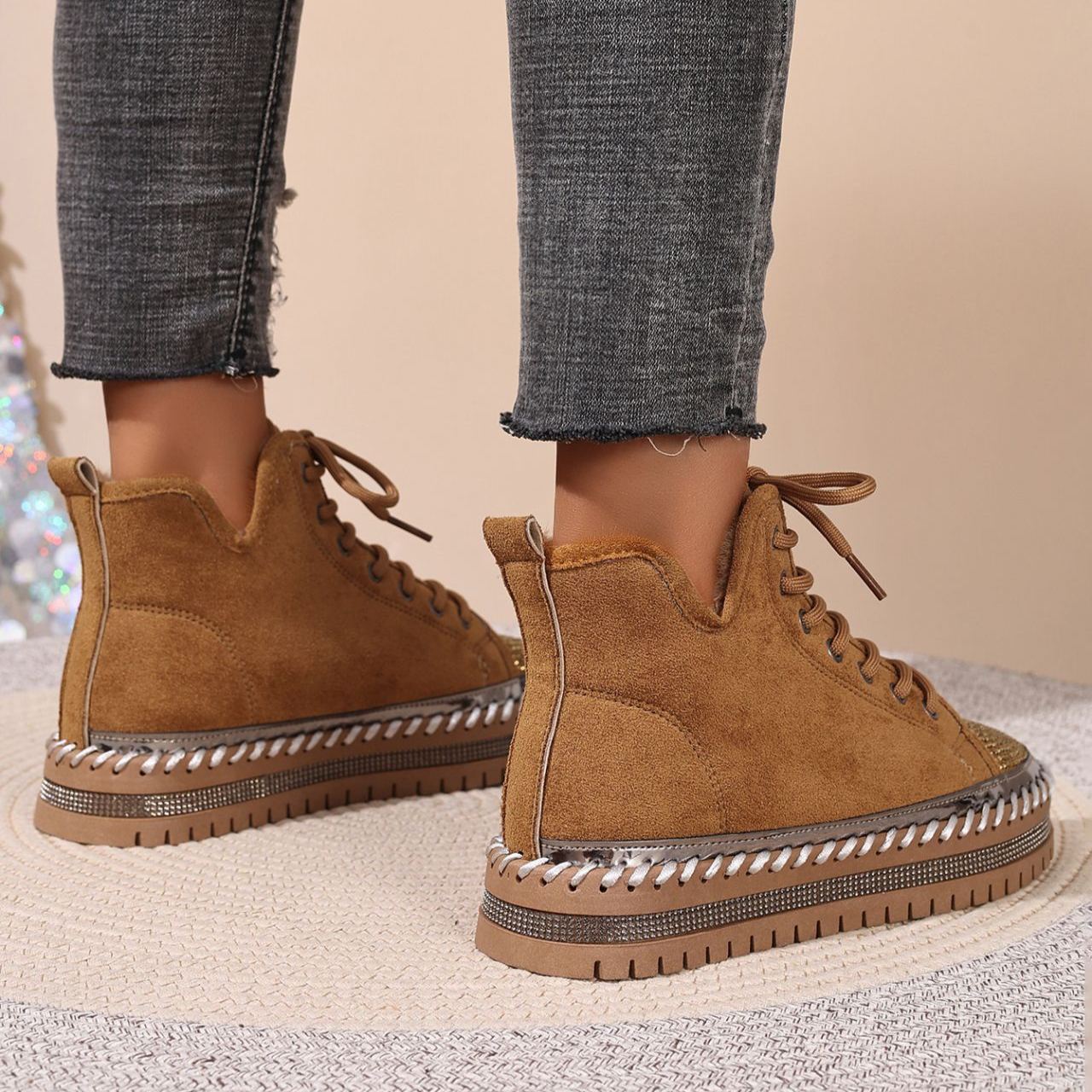 Women's Rhinestone-Decorated Lace-Up Chunky Platform Winter Boots with Fleece