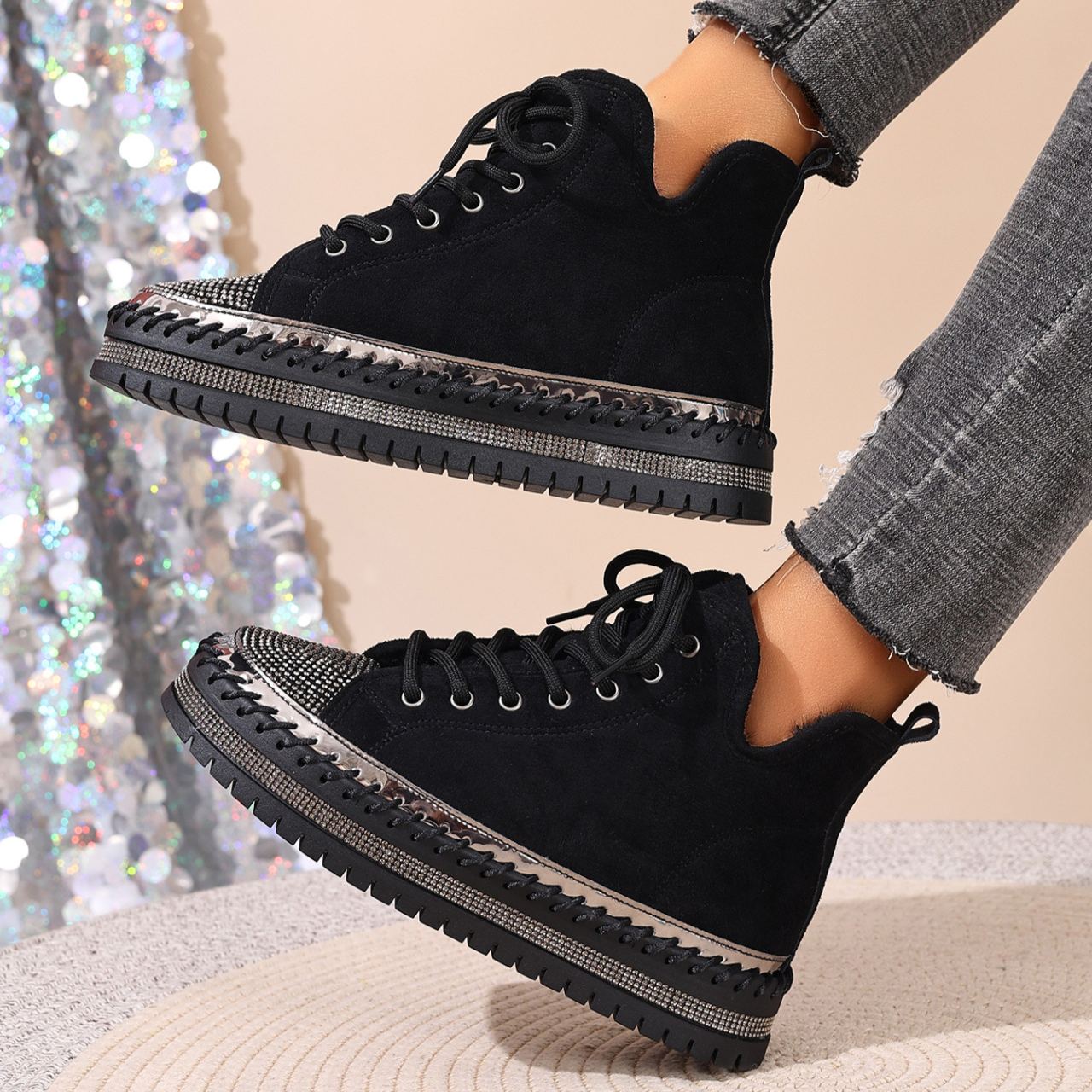 Women's Rhinestone-Decorated Lace-Up Chunky Platform Winter Boots with Fleece