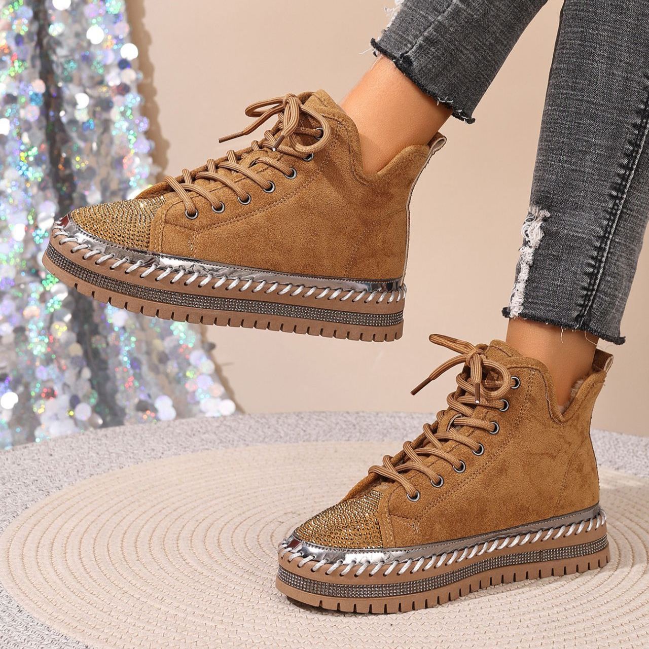 Women's Rhinestone-Decorated Lace-Up Chunky Platform Winter Boots with Fleece
