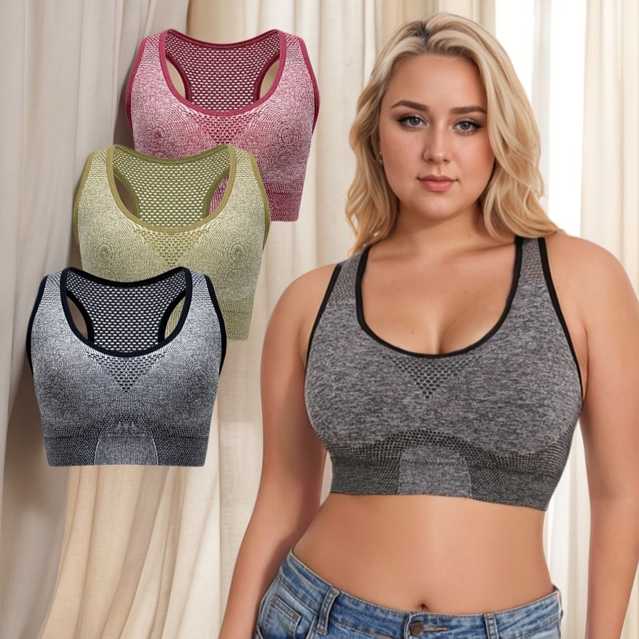 Plus Size Breathable Wire-Free Seamless Hollow Mesh Thin Sport Bra