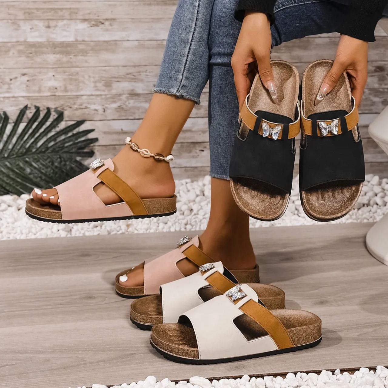 Women's Butterfly Rhinestone Boken Slippers