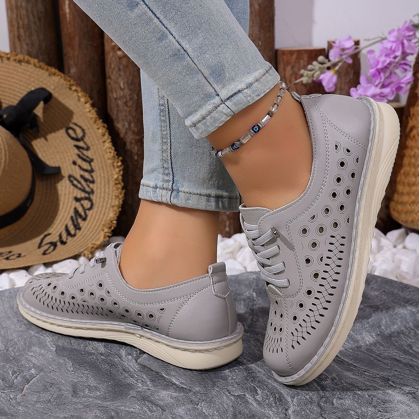 Women's Hollow-Out Design Lace-Free Slip-On Loafers