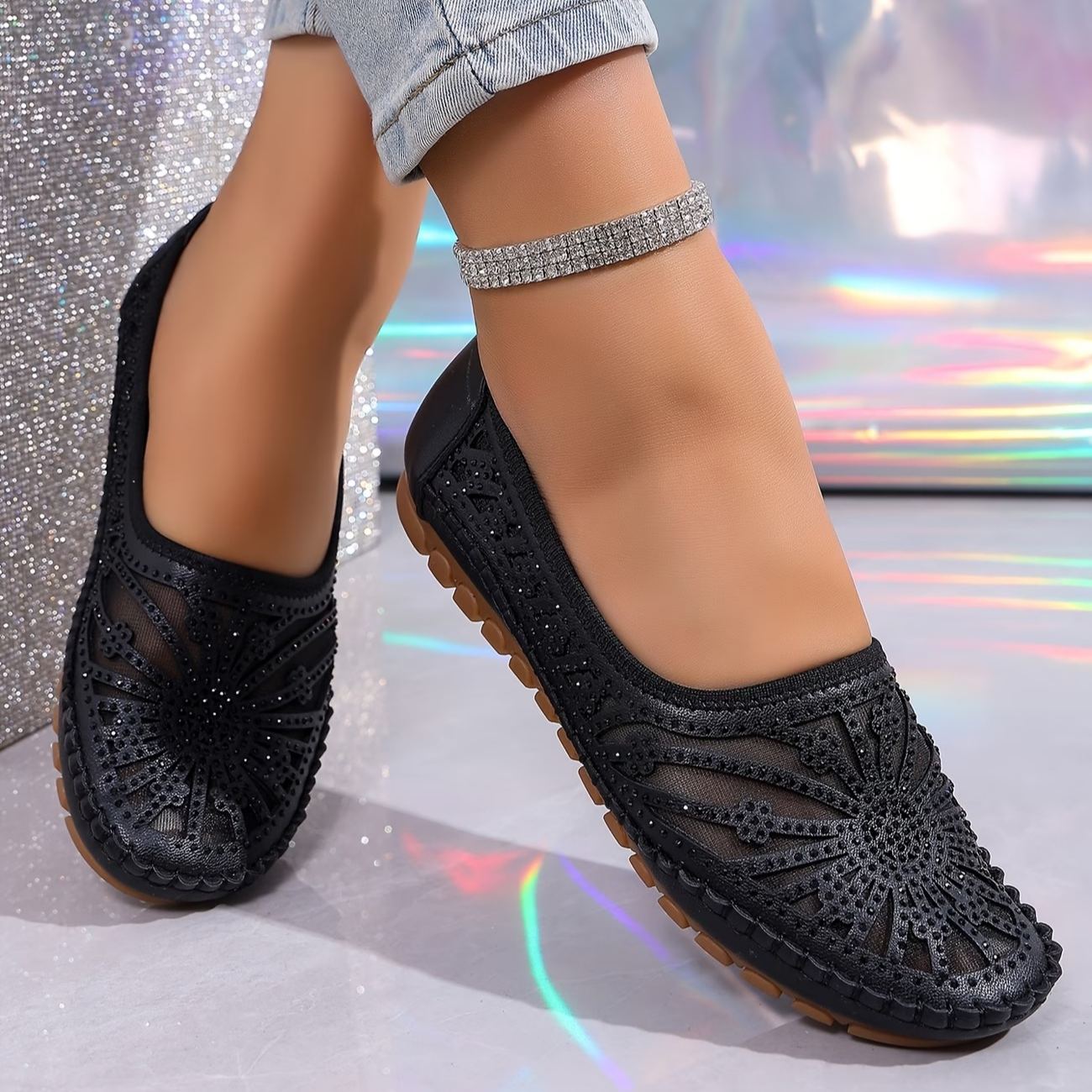 Women's Comfortable Soft Flat Loafers with Rhinestone Decoration