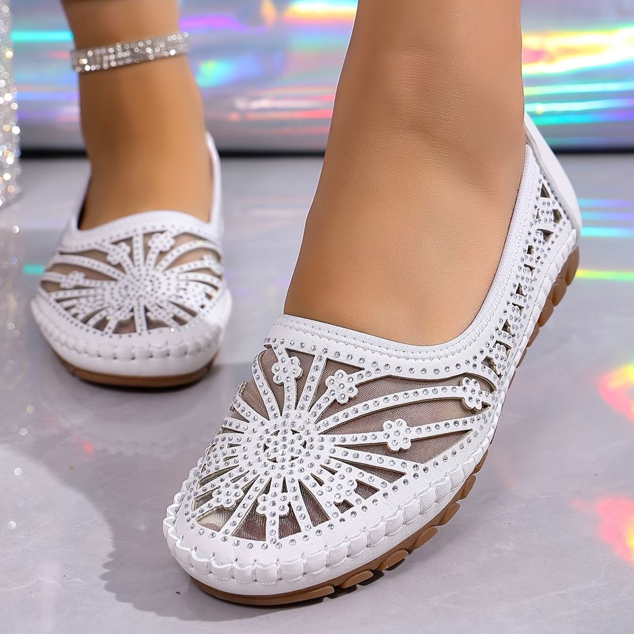 Women's Comfortable Soft Flat Loafers with Rhinestone Decoration