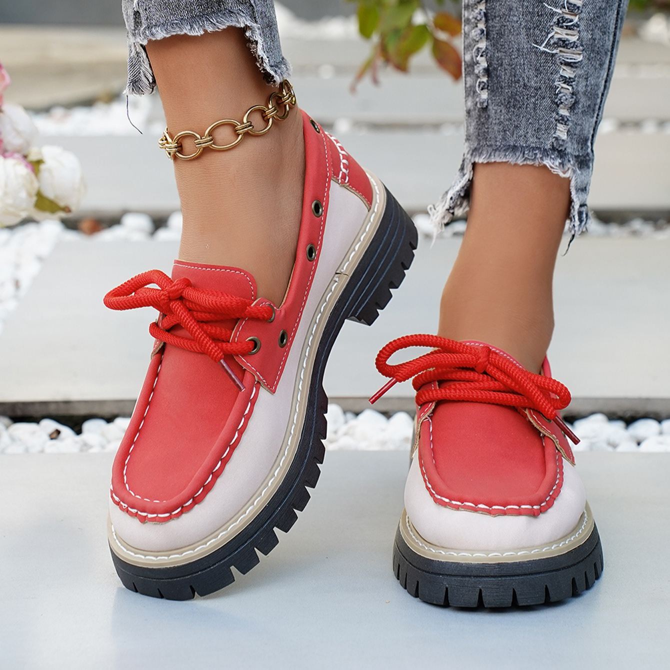 Women's Retro Metal-Detail Lace-Up Casual Loafers