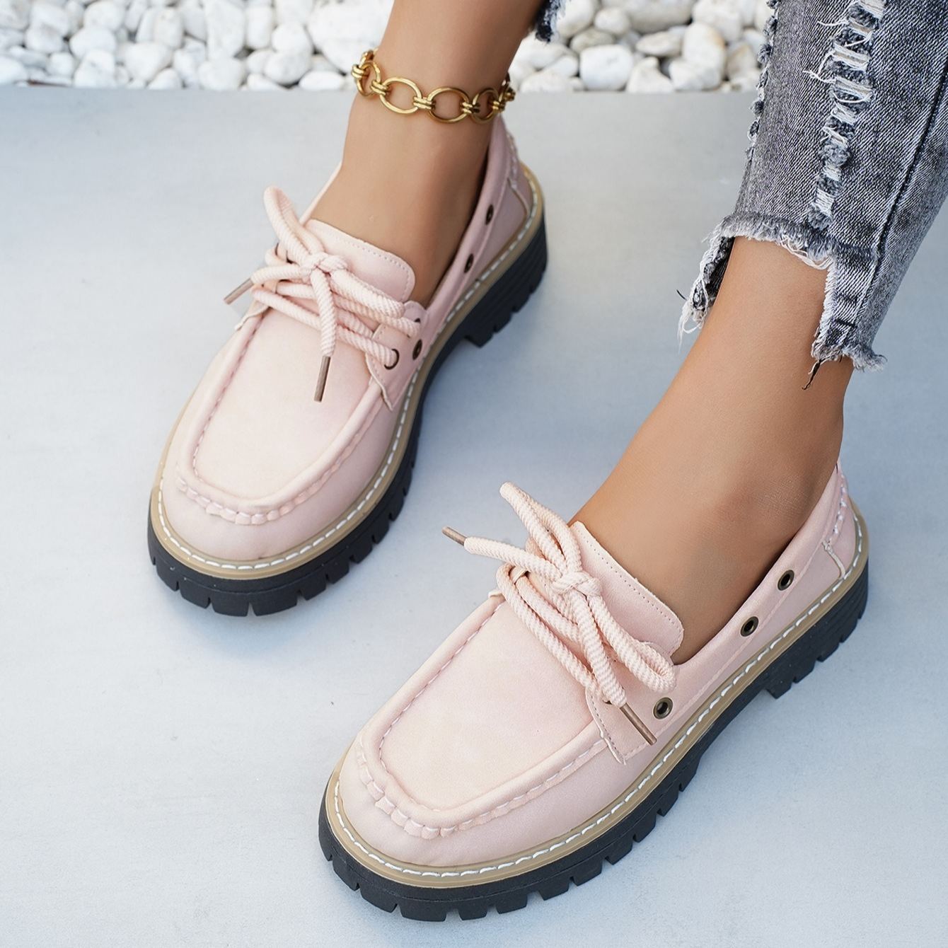 Women's Retro Metal-Detail Lace-Up Casual Loafers