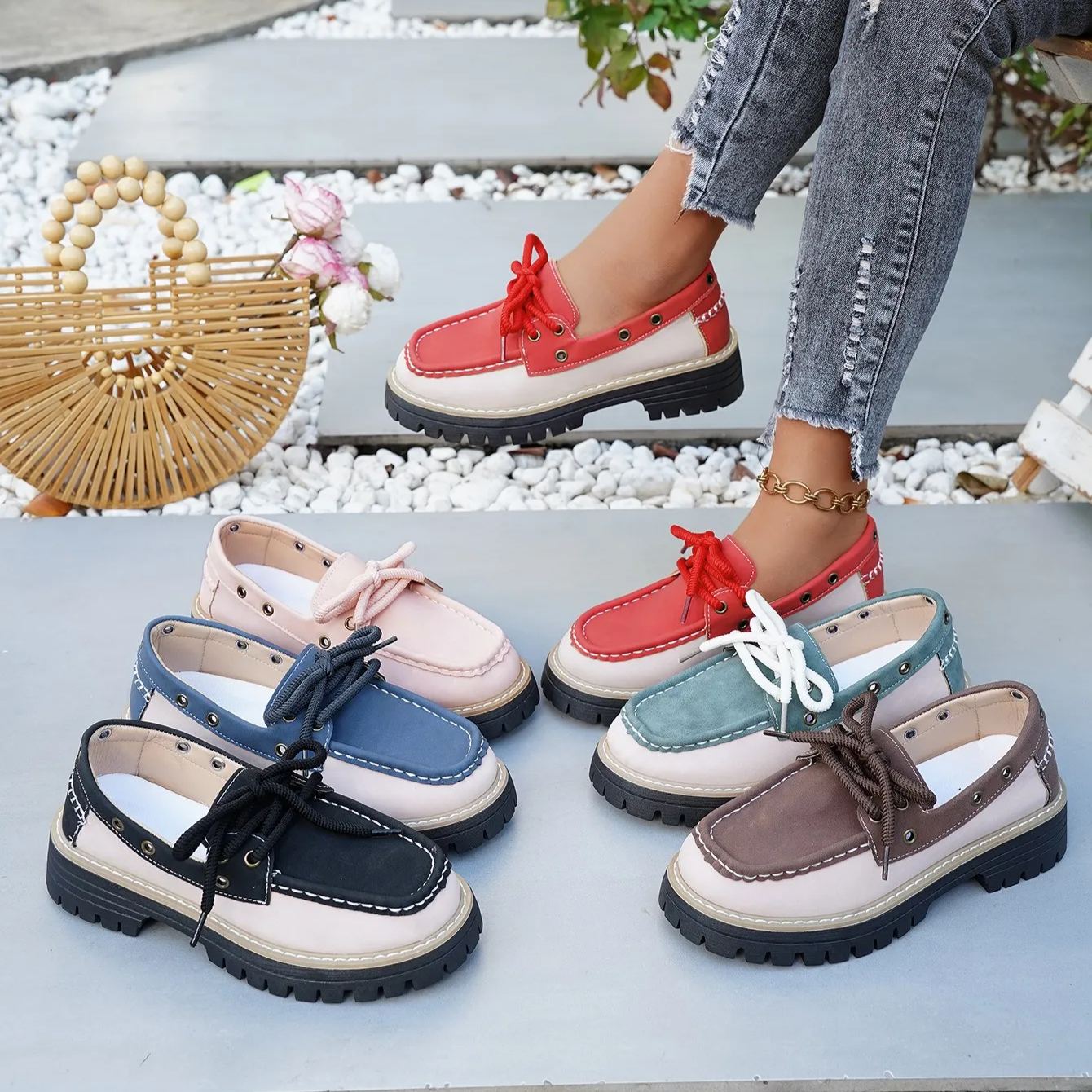 Women's Retro Metal-Detail Lace-Up Casual Loafers