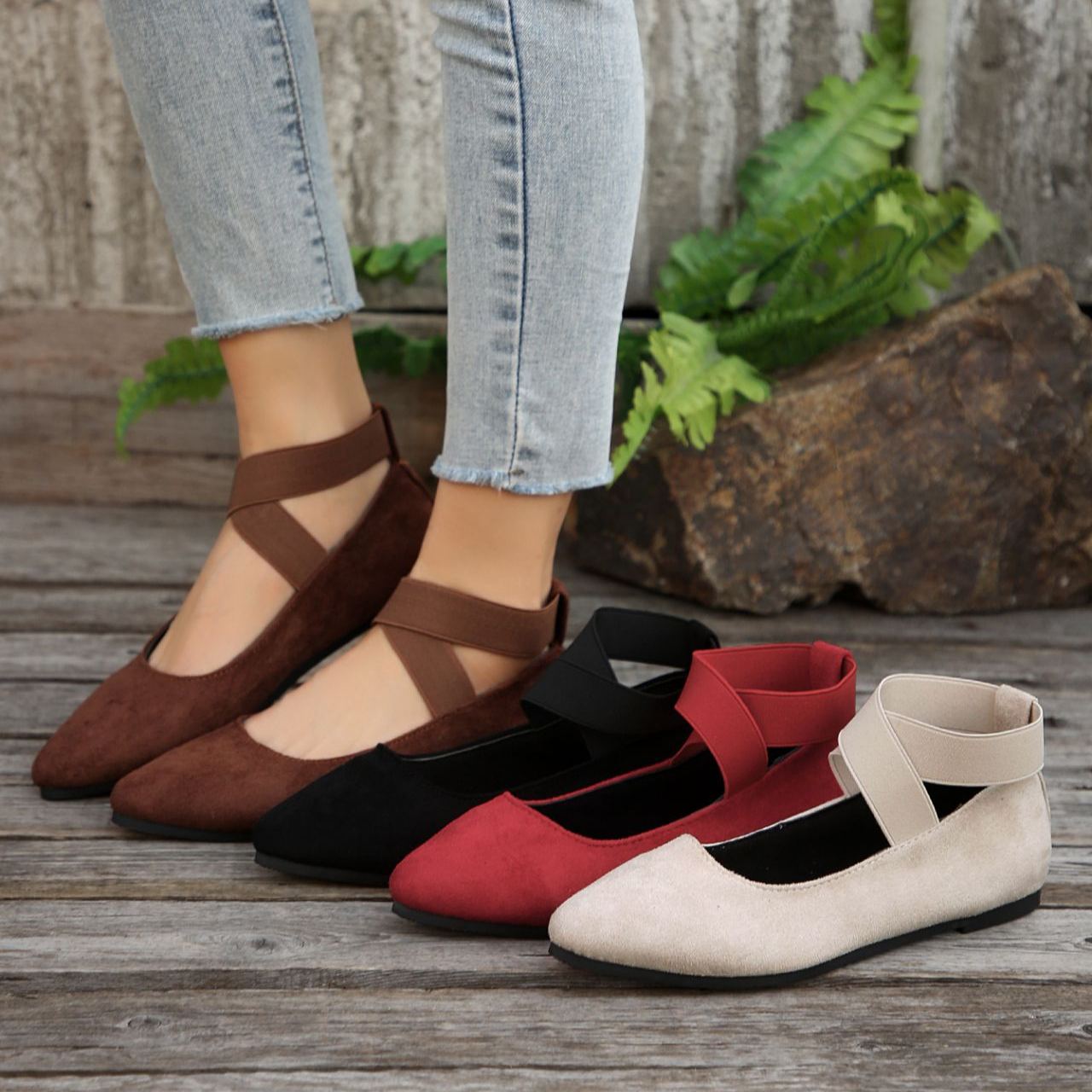 Women's Pointed-toe Elastic Straps Suede Flat Shoes