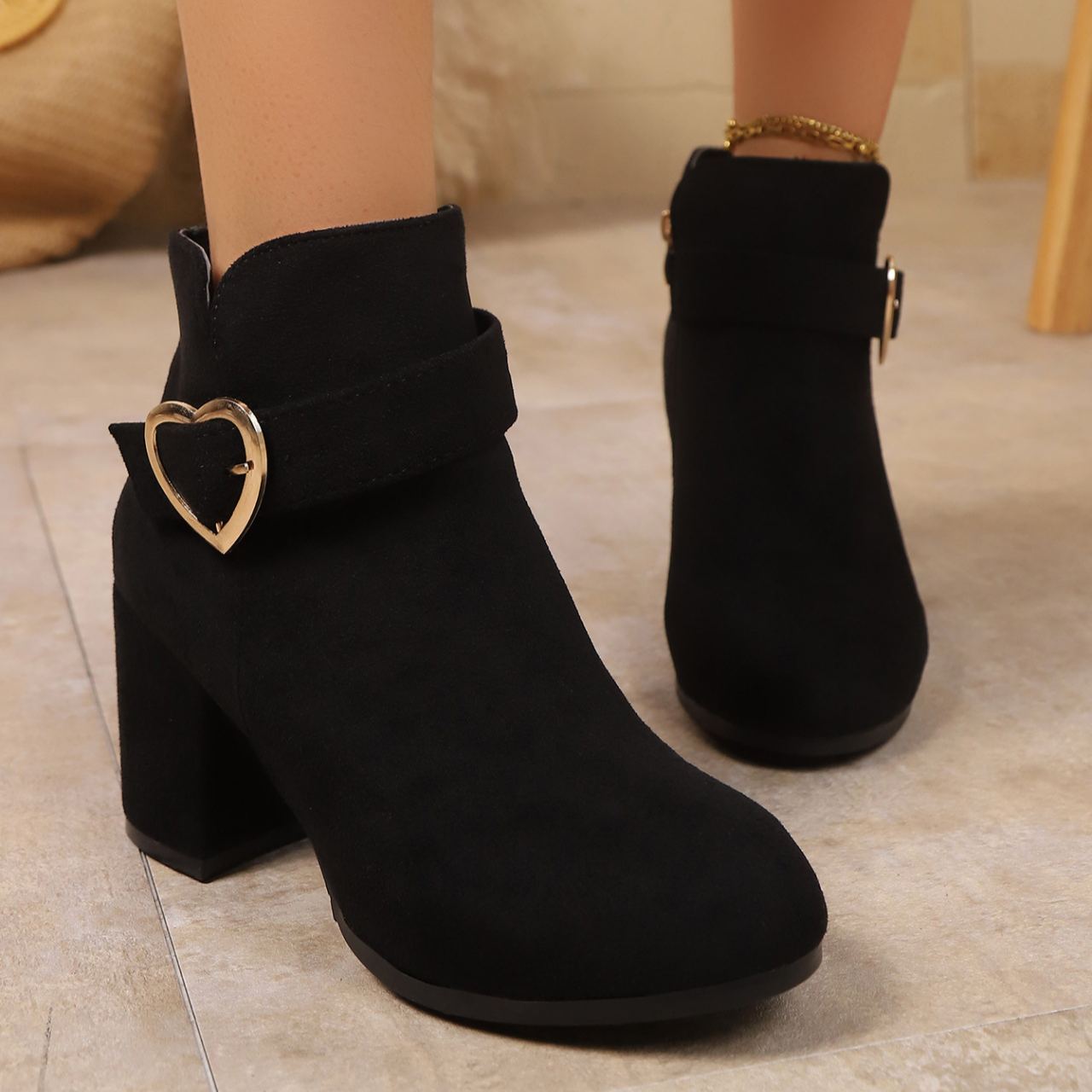 Women's Fashion Chunky High-Heeled Boots with Elegant Side Zipper