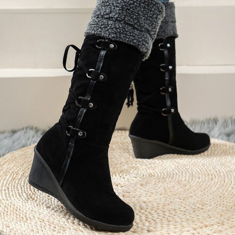 Women's Warm Suede Wedge Snow Boots with Faux Fur Trim