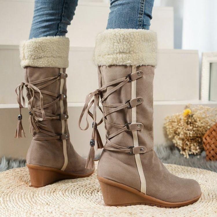 Women's Warm Suede Wedge Snow Boots with Faux Fur Trim