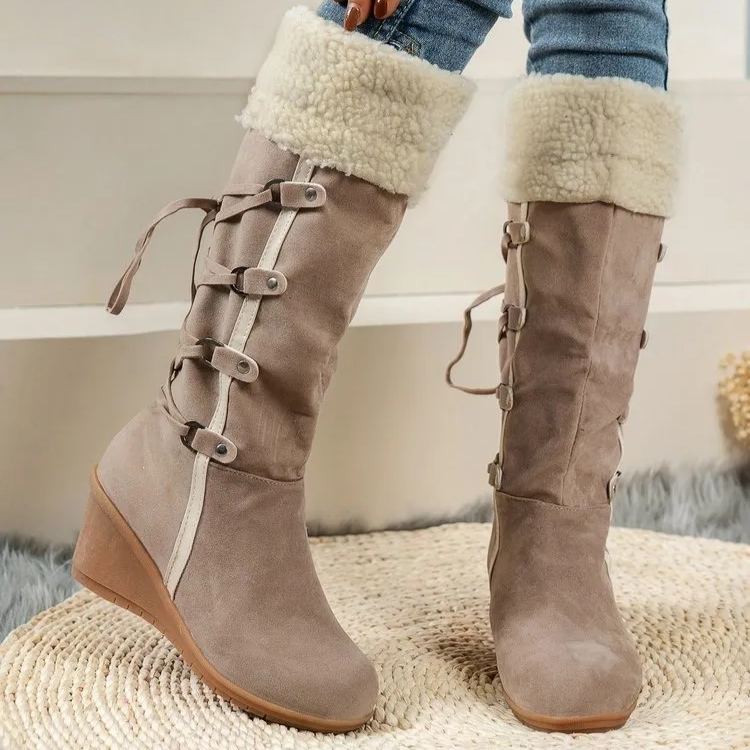 Women's Warm Suede Wedge Snow Boots with Faux Fur Trim