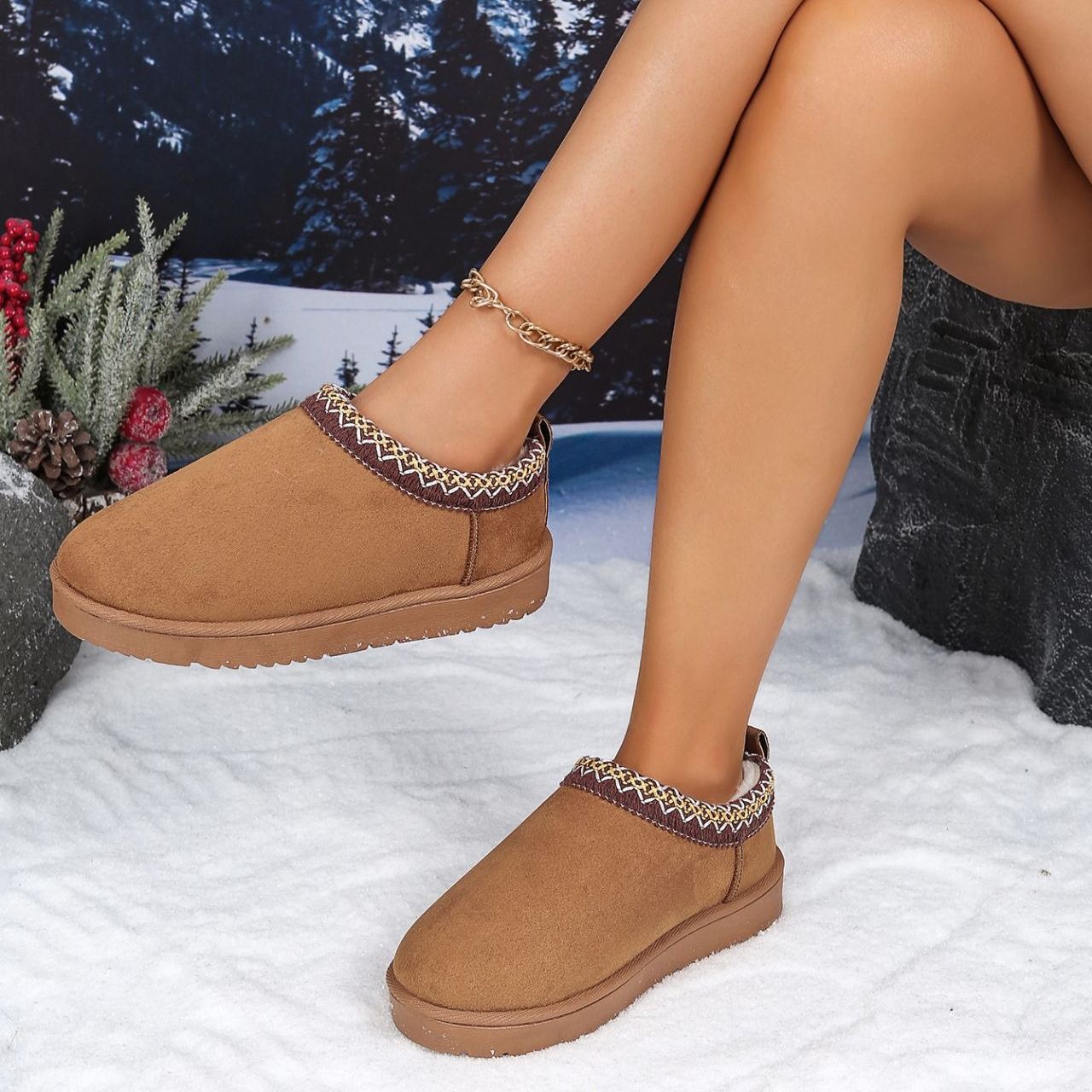 Women's Genuine Suede Fuzzy Embroidered Trim Slippers Boots
