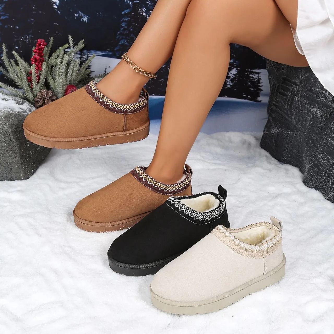 Women's Genuine Suede Fuzzy Embroidered Trim Slippers Boots