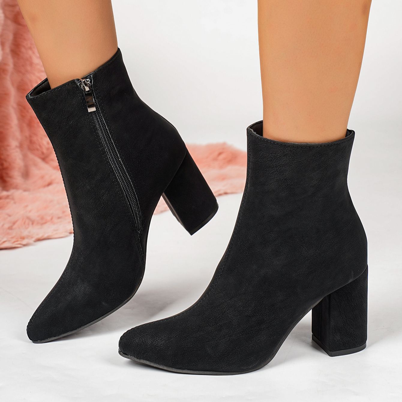 Women's Pointed Toe Chunky Heel Short Boots