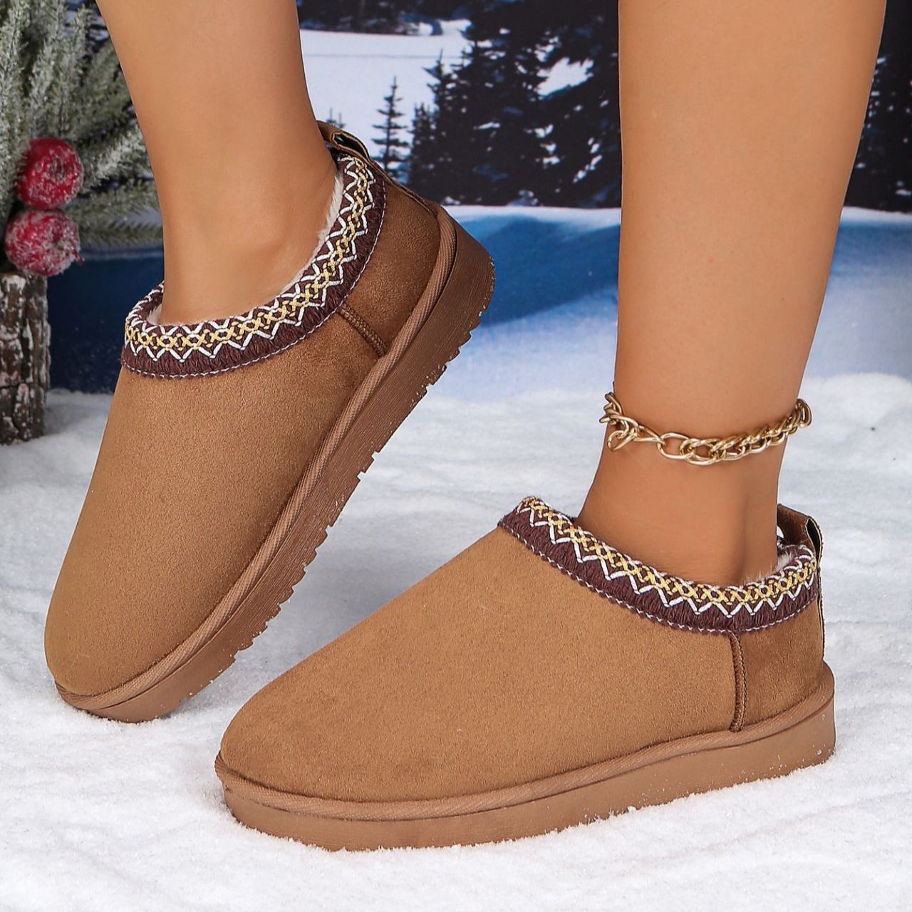 Women's Genuine Suede Fuzzy Embroidered Trim Slippers Boots