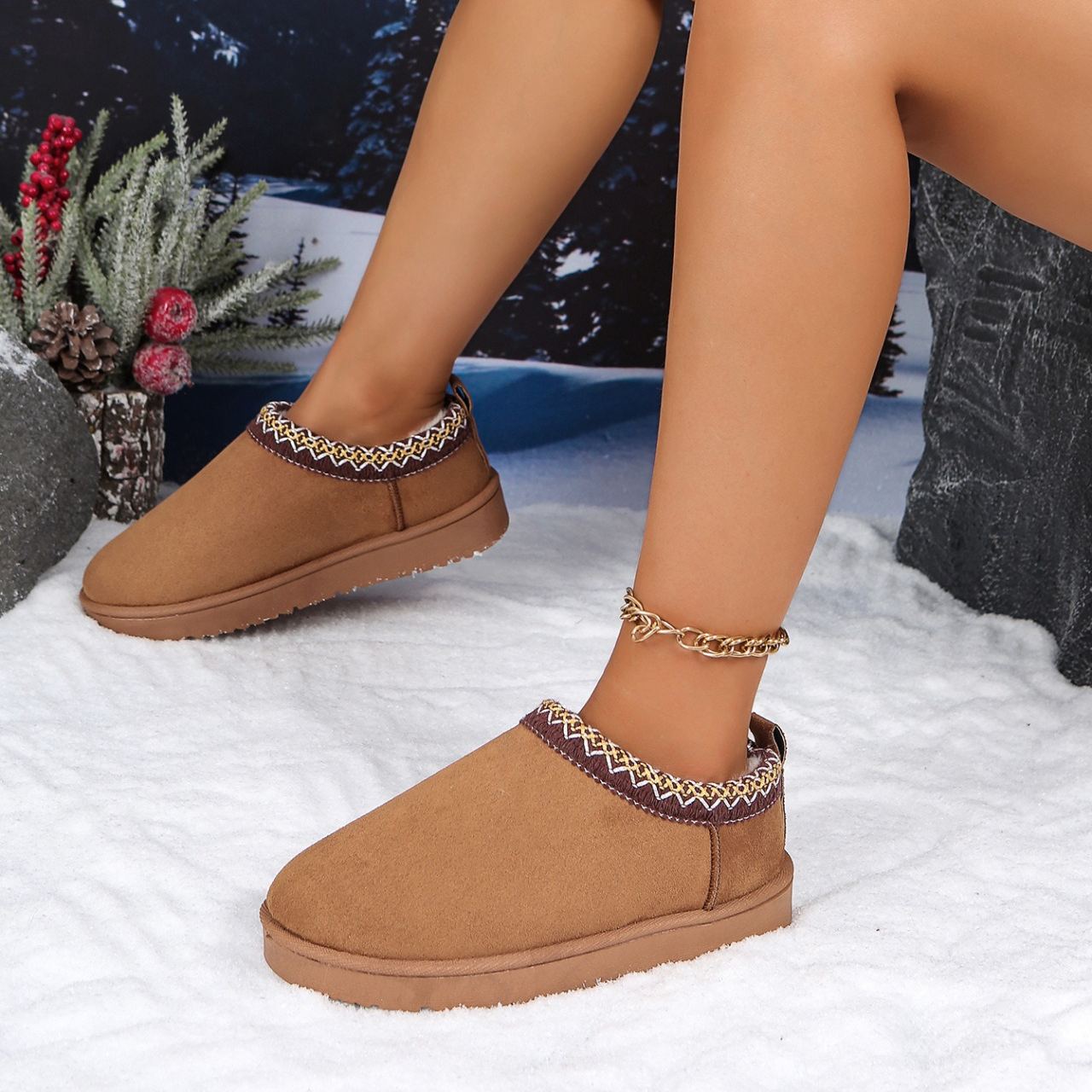 Women's Genuine Suede Fuzzy Embroidered Trim Slippers Boots