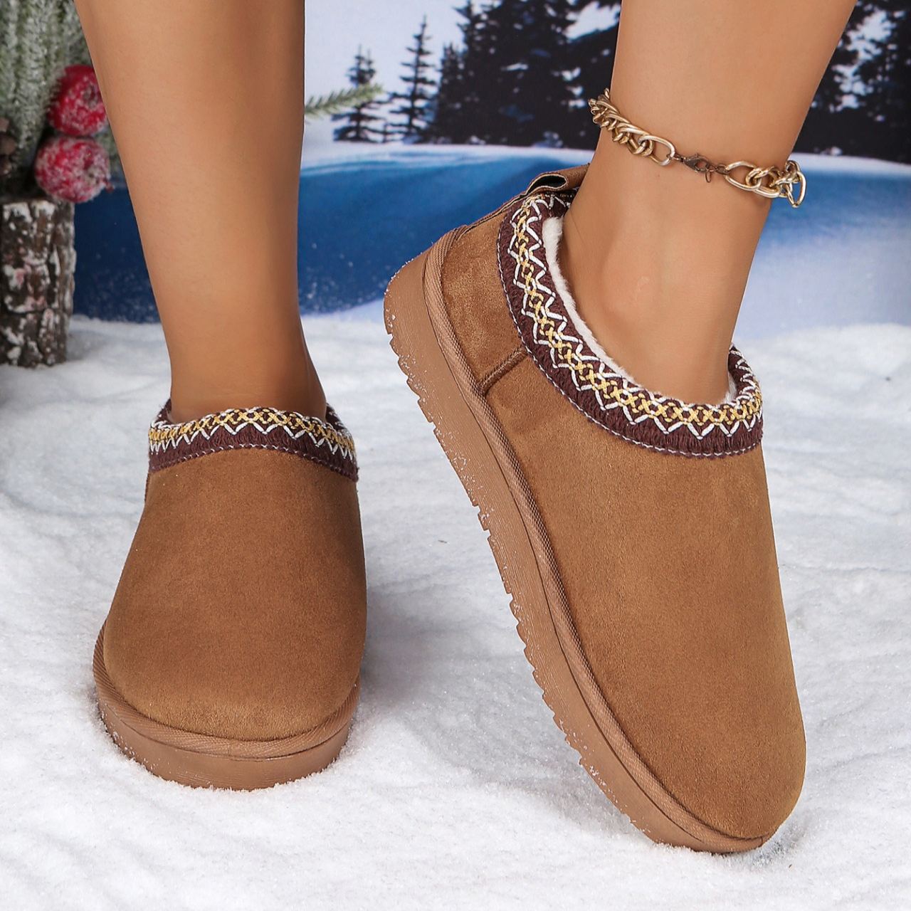 Women's Genuine Suede Fuzzy Embroidered Trim Slippers Boots